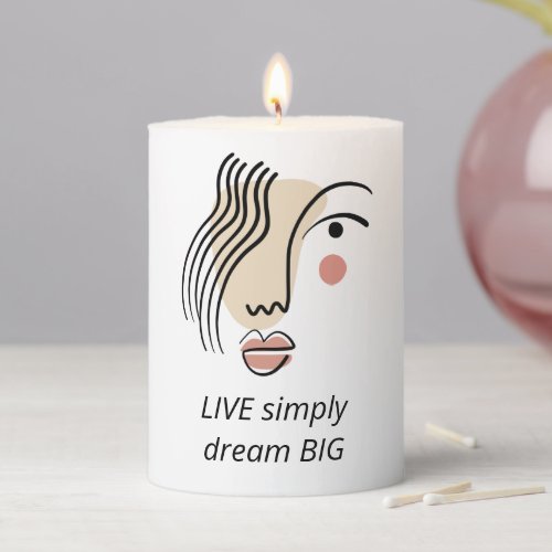 Boho Line Art Face Quote Live Simply Dream Big  Pillar Candle