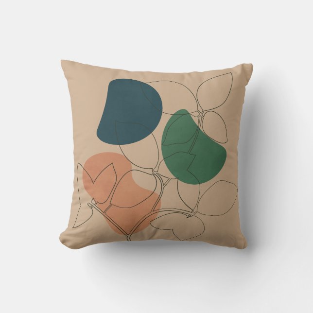 Boho Line Art Plant, Earthy Botanical Throw Pillow (Front)