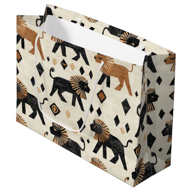 Boho Lion Tribal Safari Pattern Large Gift Bag (Front Angled)