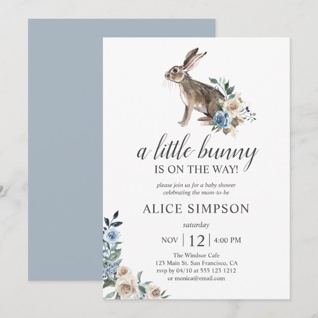 Boho Little Bunny Dust Blue Flowers Baby Shower In Invitation (Front/Back)