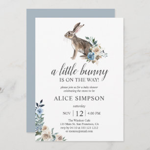 Boho Little Bunny Dust Blue Flowers Baby Shower In Invitation