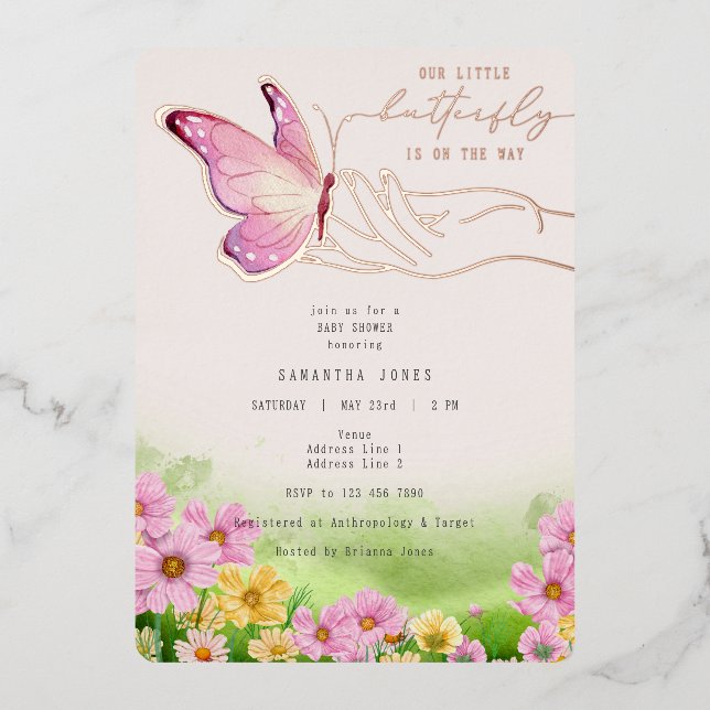Boho Little Butterfly On The Way Wildflower Garden Foil Invitation (Front)