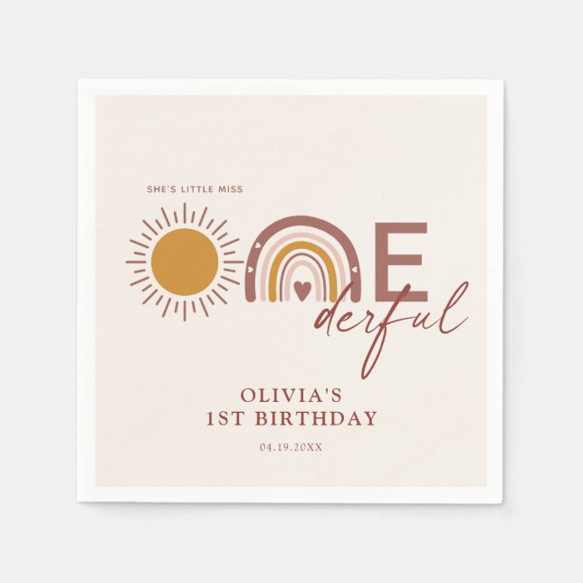 Boho Little Miss Onederful 1st Birthday Napkins (Front)