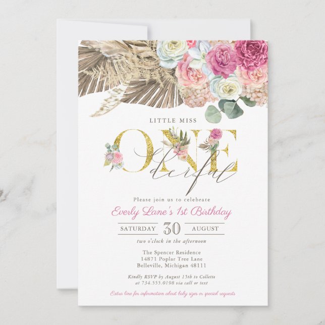 Boho Little Miss ONEderful Floral 1st Birthday Invitation (Front)
