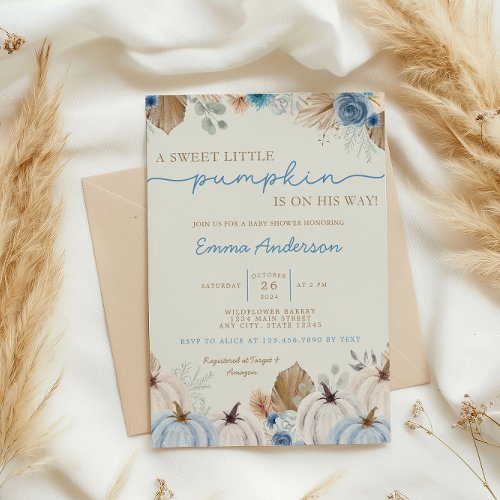 Boho Little Pumpkin Invite Fall Baby Boy Shower Invitation