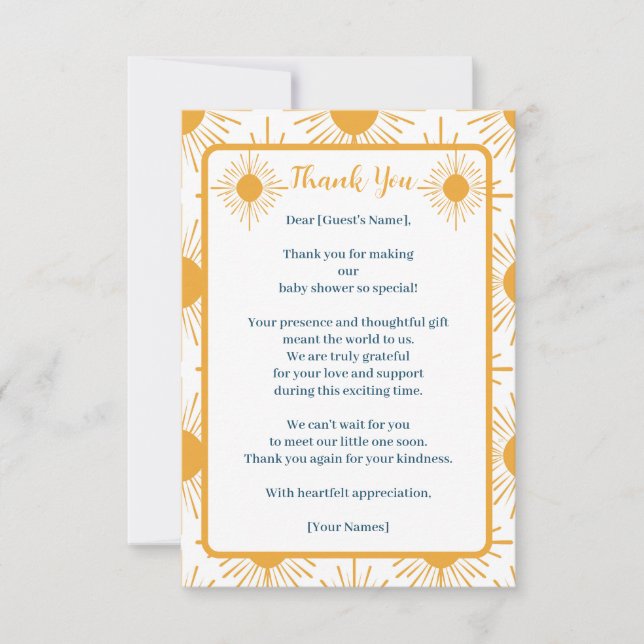 Boho Little Ray of Sun Baby Shower Thank You Card (Front)
