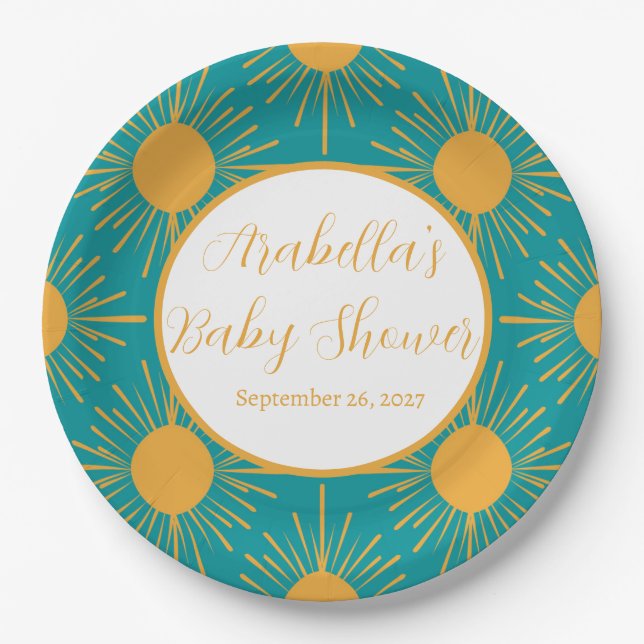 Boho Little Ray of Sun Turquoise Baby Shower  Paper Plates (Front)