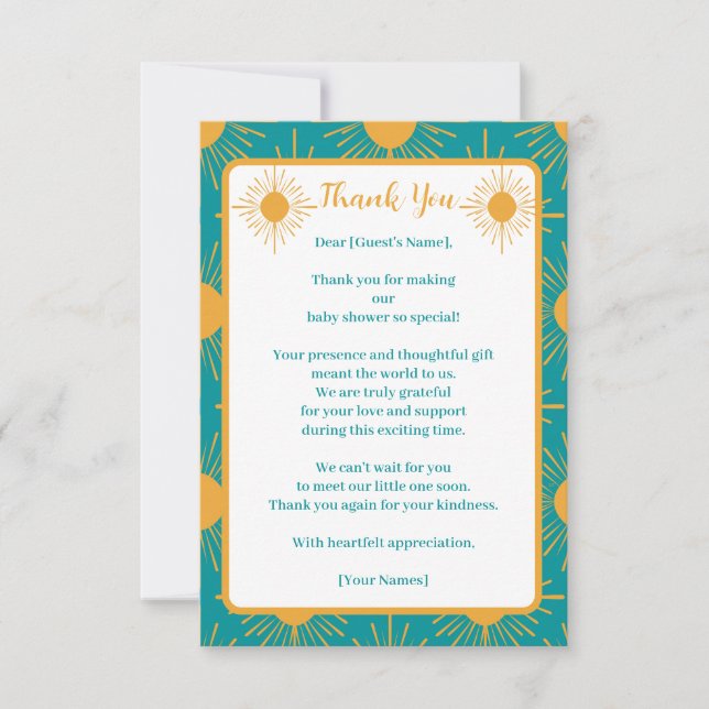 Boho Little Ray of Sun Turquoise Baby Shower Thank You Card (Front)