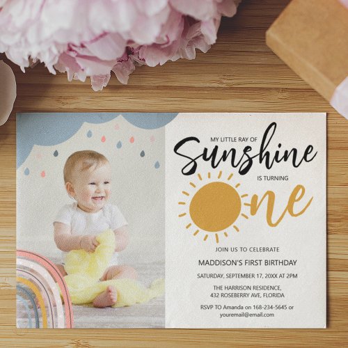 Boho Little Ray Of Sunshine First Birthday Photo Invitation