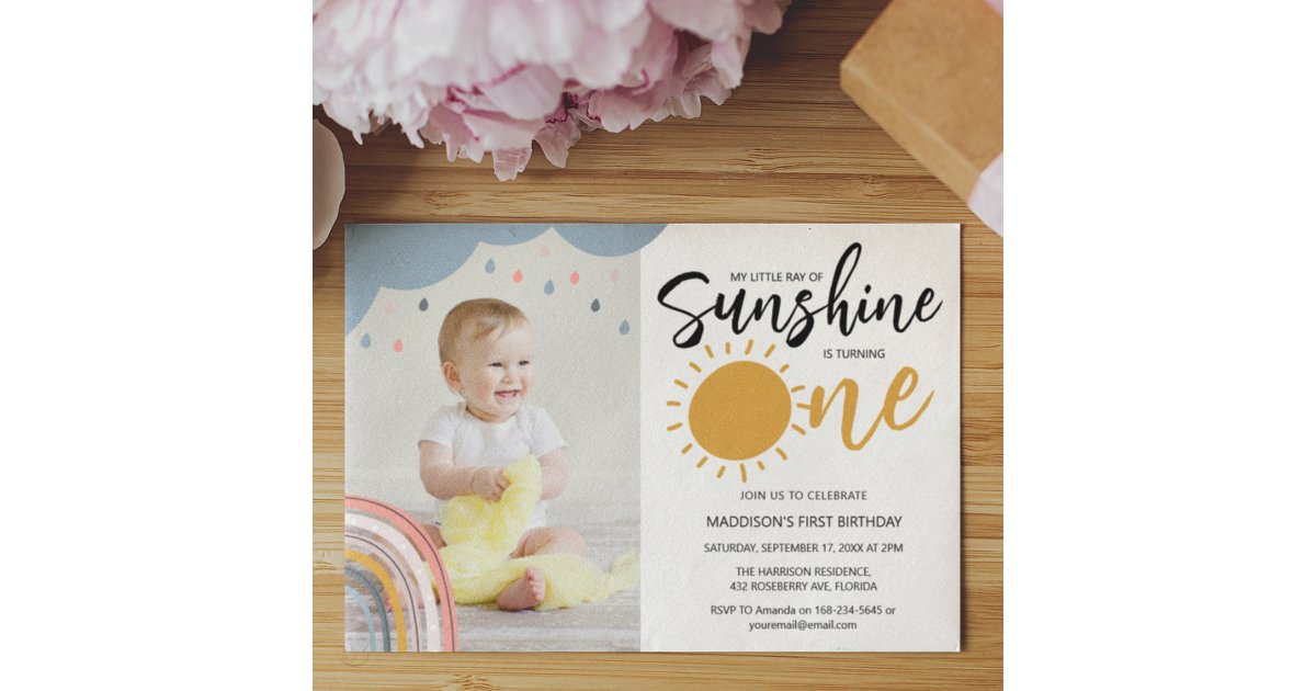 Boho Little Ray Of Sunshine First Birthday Photo Invitation