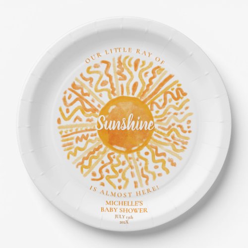 Boho Little Ray of Sunshine Orange Watercolor Sun Paper Plates