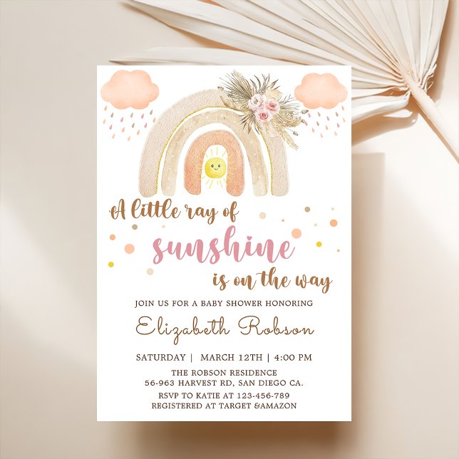 Boho Little Ray of Sunshine Rainbow Baby Shower  Invitation (Creator Uploaded)