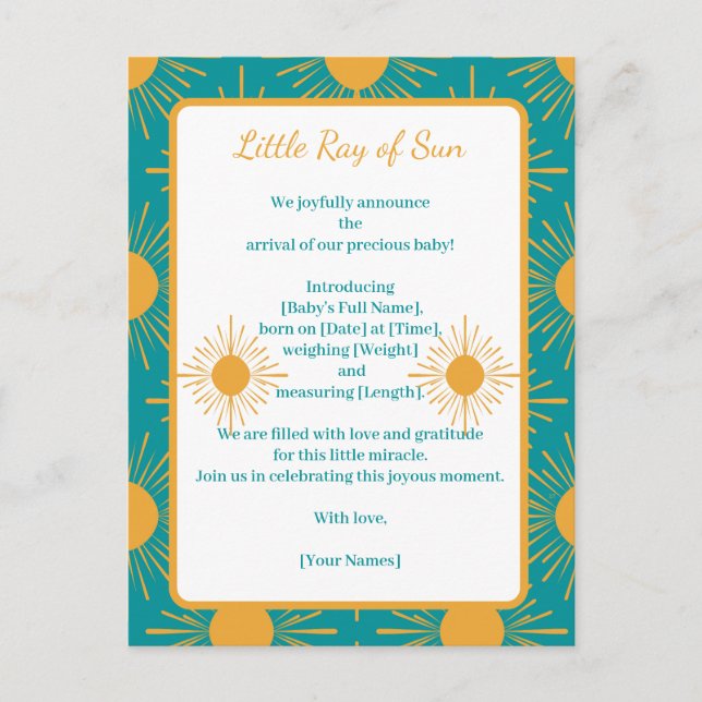 Boho Little Ray Sun Turquoise Birth Announcement Postcard (Front)