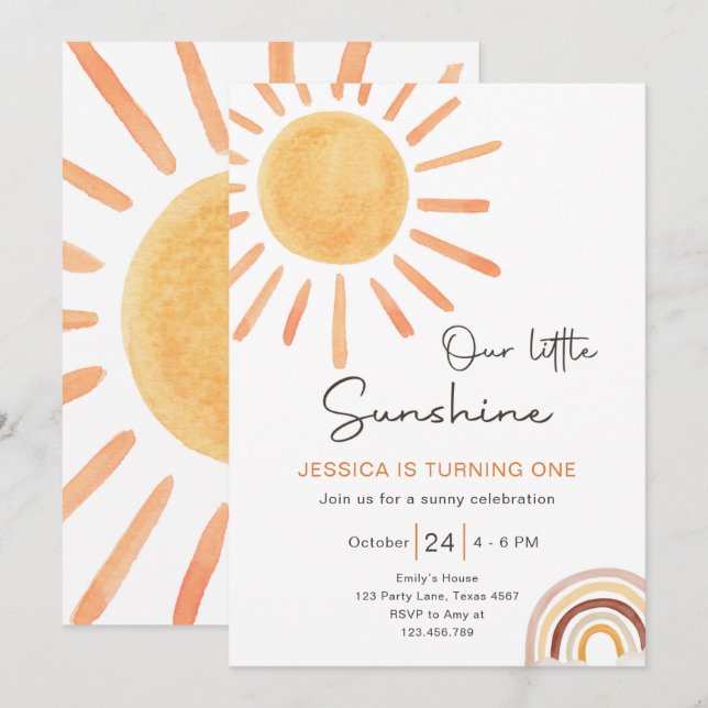 Boho Little Sunshine 1st Birthday Invitation Sun (Front/Back)