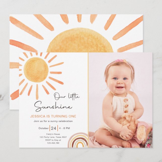 Boho LIttle Sunshine 1st Birthday Invite Sun (Front/Back)