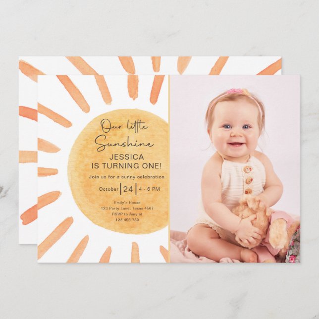 Boho Little Sunshine 1st Birthday Invite Sun (Front/Back)