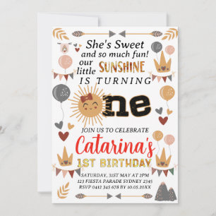 Boho Little Sunshine, 1st Birthday Sun Baby Girl Invitation