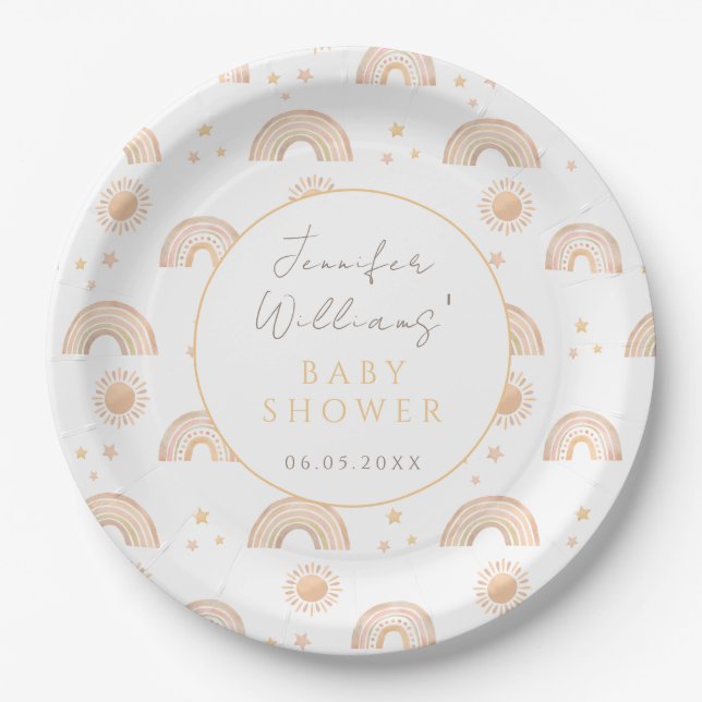 Boho little sunshine gender neutral baby shower paper plates (Front)