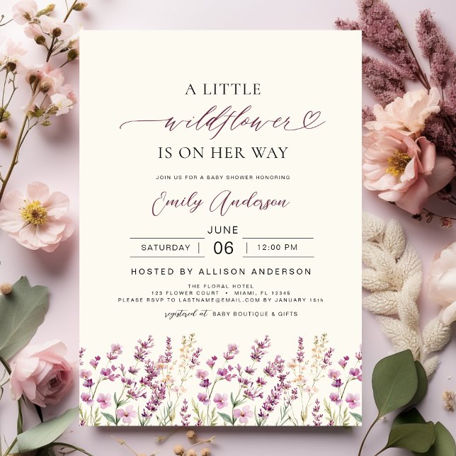 Boho Little Wildflower Purple Lilac Baby Shower Invitation (Creator Uploaded)
