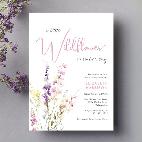 Boho Little Wildflower Watercolor Pink Baby Shower Invitation