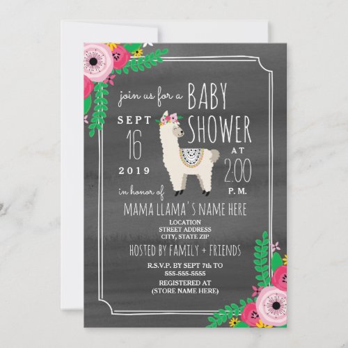 Boho Llama Dark Gray Watercolor Baby Shower Invite