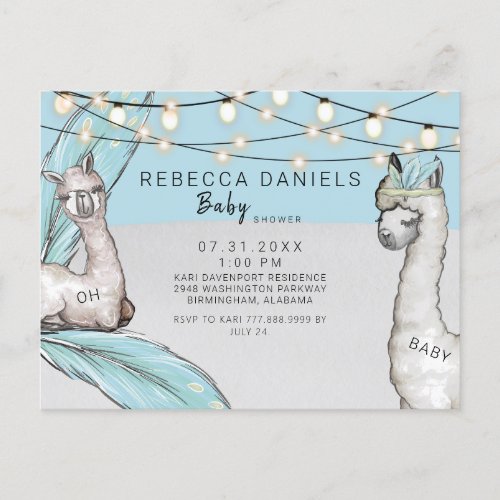 Boho Llama Feather Oh Baby Boy Shower Announcement