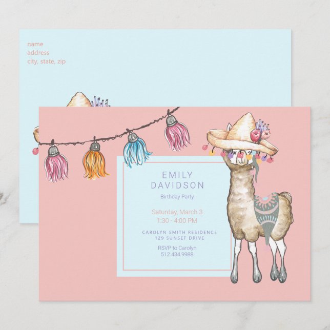 Boho Llama Girl Birthday Party Invitation (Front/Back)