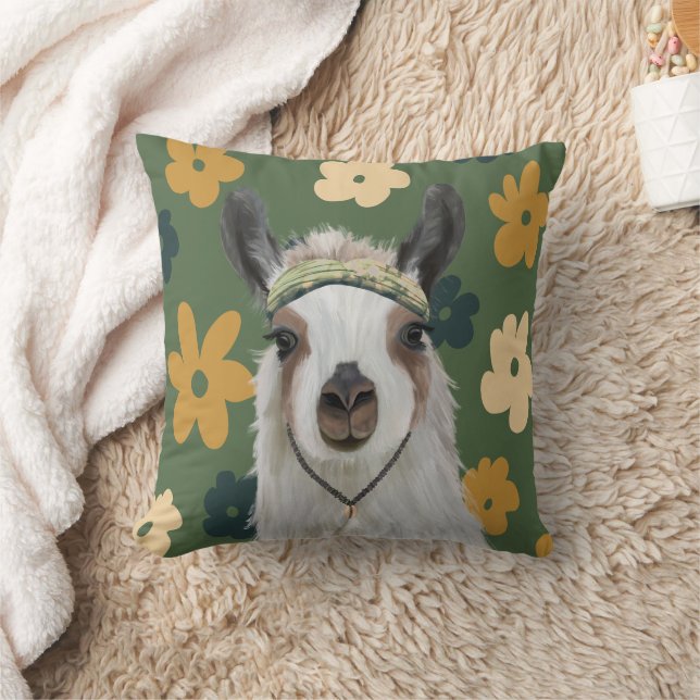 Boho Llama Green Retro Flowers Throw Pillow (Blanket)