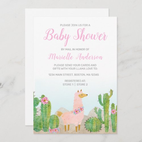 Boho Llama Pink Watercolor Baby Shower by Mail Invitation
