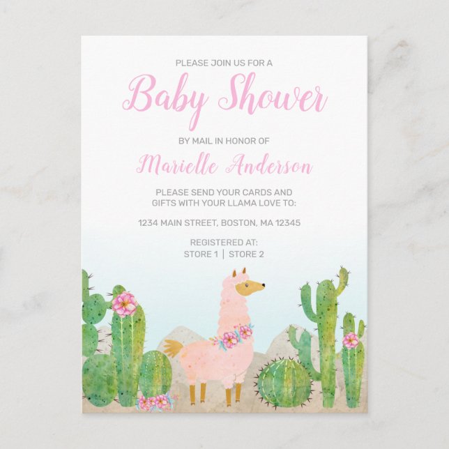 Boho Llama Pink Watercolor Baby Shower by Mail Postcard (Front)