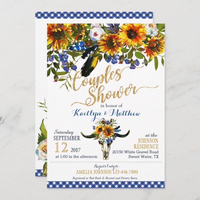 Boho Longhorn Cow Skull Floral Bridal Shower Invitation (Front/Back)