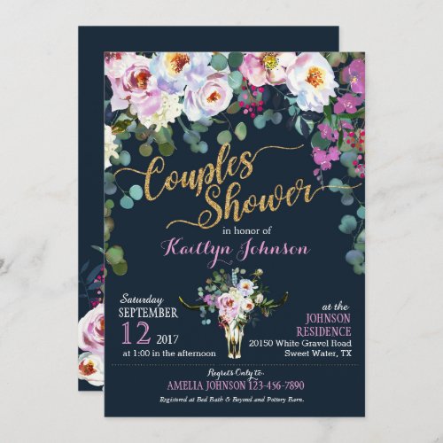 Boho Longhorn Cow Skull Floral Bridal Shower Invitation