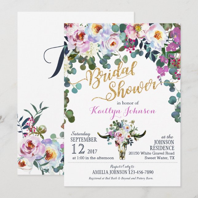 Boho Longhorn Cow Skull Floral Bridal Shower Invitation (Front/Back)