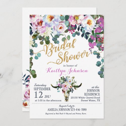 Boho Longhorn Cow Skull Floral Bridal Shower Invitation