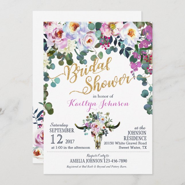 Boho Longhorn Cow Skull Floral Bridal Shower Invitation (Front/Back)