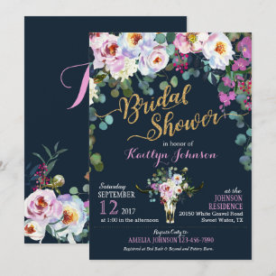 Boho Longhorn Cow Skull Floral Bridal Shower Invitation