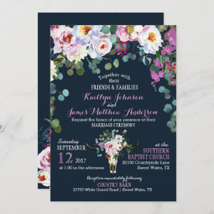 Boho Longhorn Cow Skull Floral Wedding Invitation