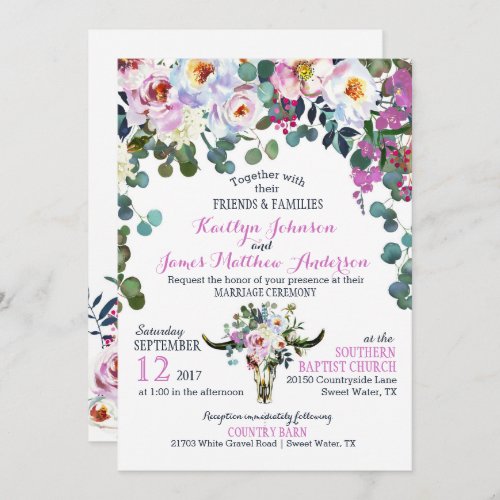 Boho Longhorn Cow Skull Floral Wedding Invitation