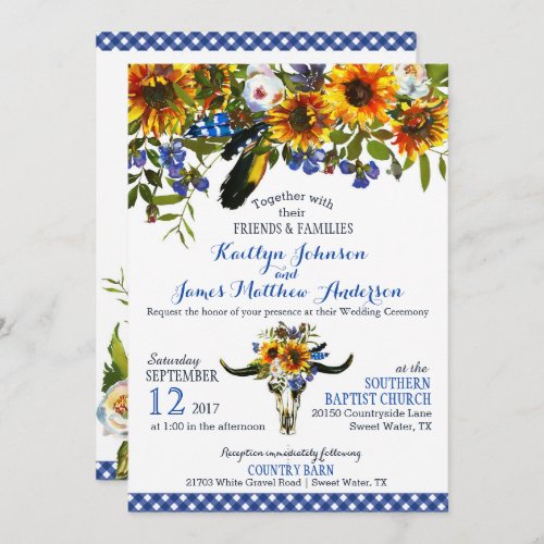 Boho Longhorn Cow Skull Floral Wedding Invitation