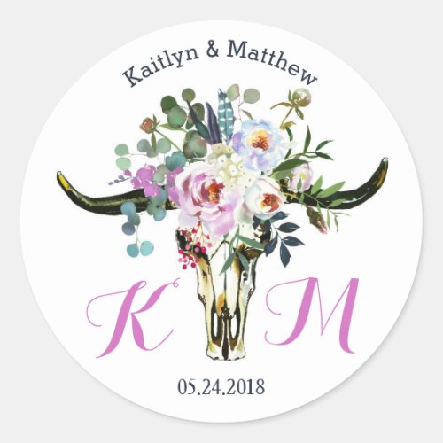 Boho Longhorn Skull Floral Modern Wedding Label