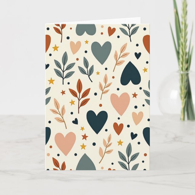 Boho Love Hearts Leaves Card (Front)