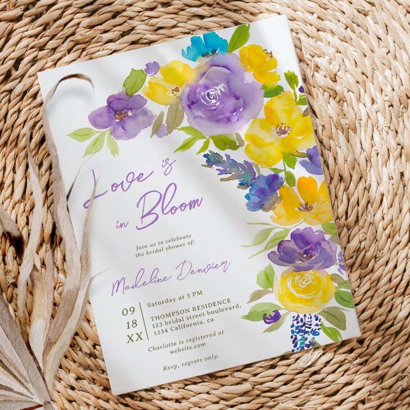 Boho love in bloom lavender floral bridal shower                    invitation