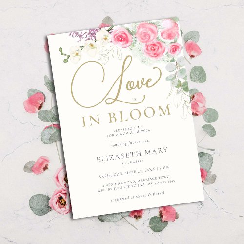 Boho Love in Bloom Roses Orchid Gold Bridal Shower Invitation