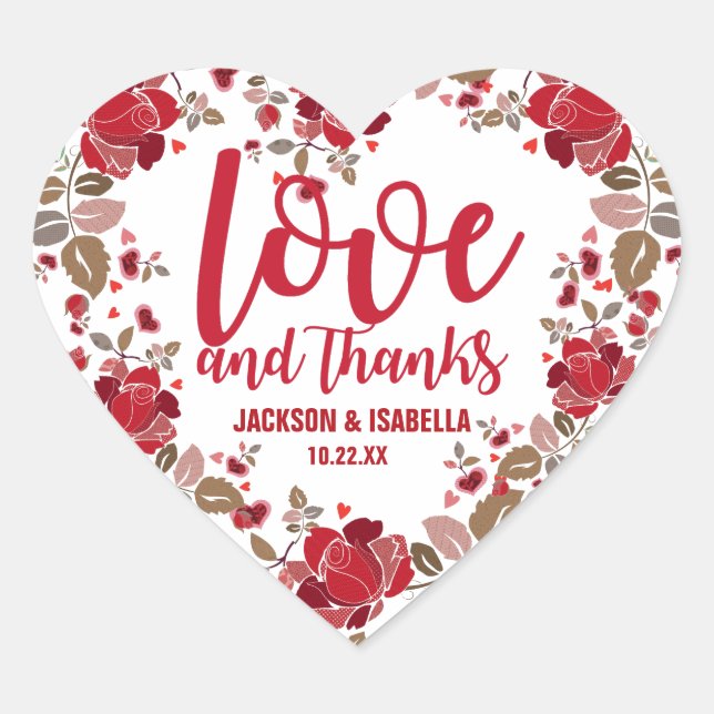 Boho Love & Roses Thank You Heart Wedding Sticker (Front)