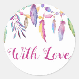 Boho Love Watercolor Feather Indian Wedding Classic Round Sticker