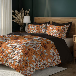 Boho lush autumn orange white terracotta flowers duvet cover