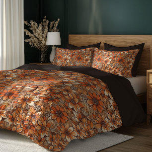 Boho lush autumn terracotta flowers brown hues duvet cover