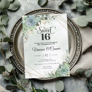 Boho lush succulents flowers eucalyptus gold frame invitation