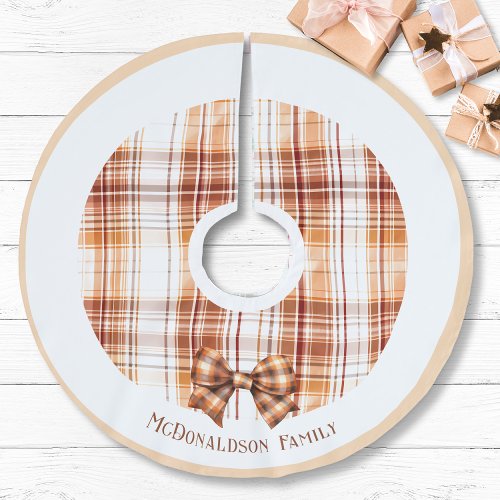 Boho Lux Brown Plaid Bow Personalized Name Vintage Brushed Polyester Tree Skirt