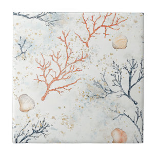 Boho Luxe Watercolor Coastal Coral Pattern (2) Ceramic Tile